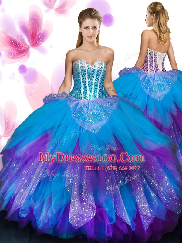 Elegant Floor Length Lace Up Quinceanera Dresses Multi-color for Military Ball and Sweet 16 and Quinceanera with Beading and Ruffled Layers