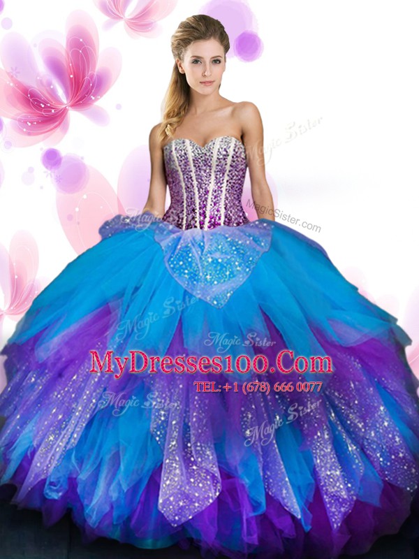 Elegant Floor Length Lace Up Quinceanera Dresses Multi-color for Military Ball and Sweet 16 and Quinceanera with Beading and Ruffled Layers