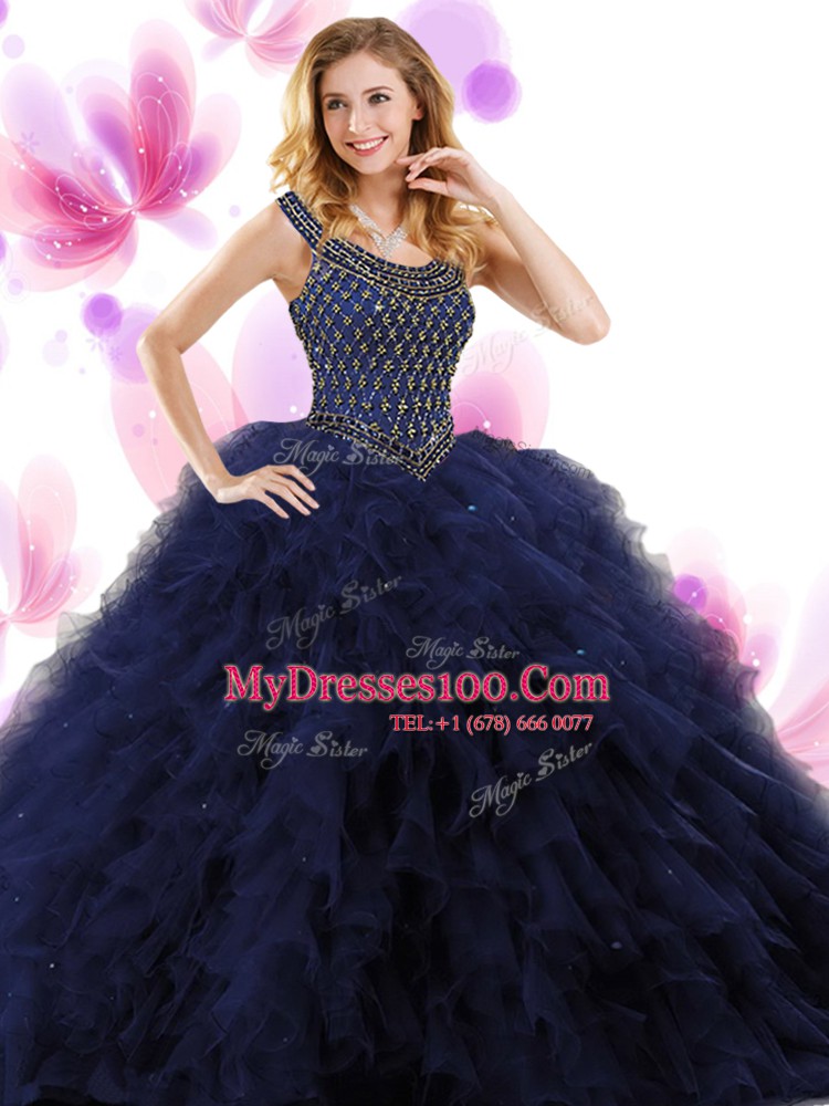 Clearance Ball Gowns Ball Gown Prom Dress Navy Blue Scoop Tulle Sleeveless Floor Length Zipper