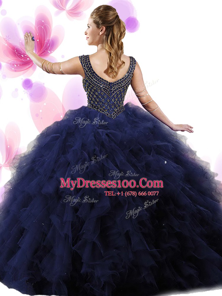 Clearance Ball Gowns Ball Gown Prom Dress Navy Blue Scoop Tulle Sleeveless Floor Length Zipper