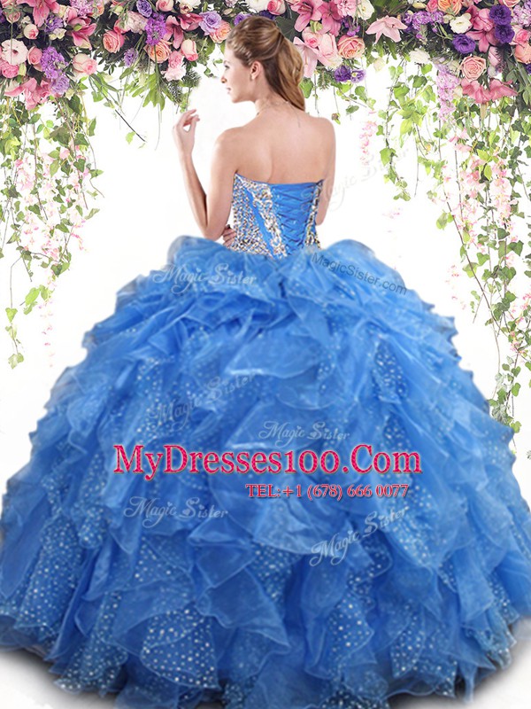 Inexpensive Blue Quinceanera Dresses Military Ball and Sweet 16 and Quinceanera and For with Beading and Ruffles Sweetheart Sleeveless Lace Up