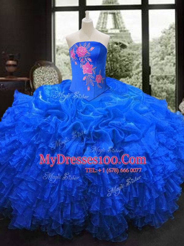 Royal Blue Ball Gowns Organza Strapless Sleeveless Embroidery and Ruffles Floor Length Lace Up Ball Gown Prom Dress