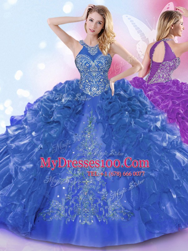Exquisite Halter Top Royal Blue Lace Up Quinceanera Gowns Appliques and Ruffled Layers Sleeveless Floor Length
