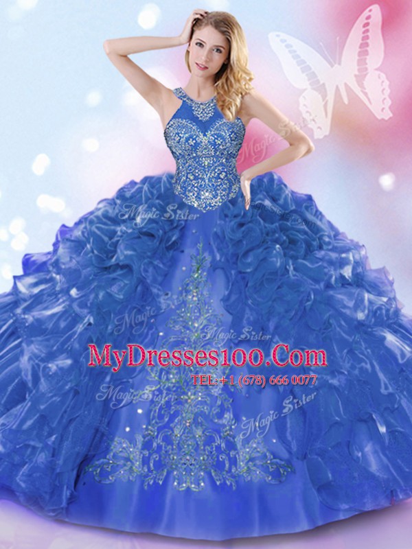 Exquisite Halter Top Royal Blue Lace Up Quinceanera Gowns Appliques and Ruffled Layers Sleeveless Floor Length