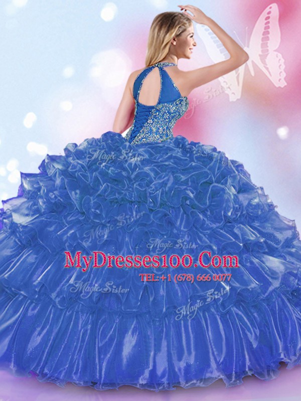 Exquisite Halter Top Royal Blue Lace Up Quinceanera Gowns Appliques and Ruffled Layers Sleeveless Floor Length