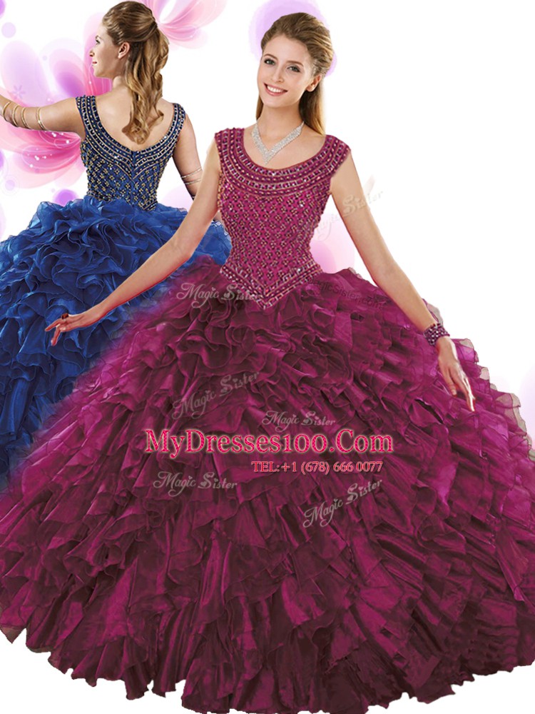 Scoop Fuchsia Ball Gowns Beading and Ruffles 15th Birthday Dress Zipper Organza Sleeveless Floor Length