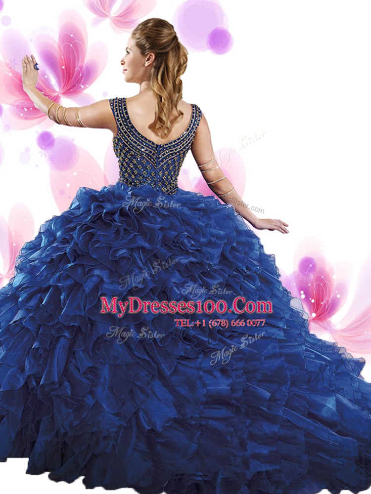 Scoop Fuchsia Ball Gowns Beading and Ruffles 15th Birthday Dress Zipper Organza Sleeveless Floor Length
