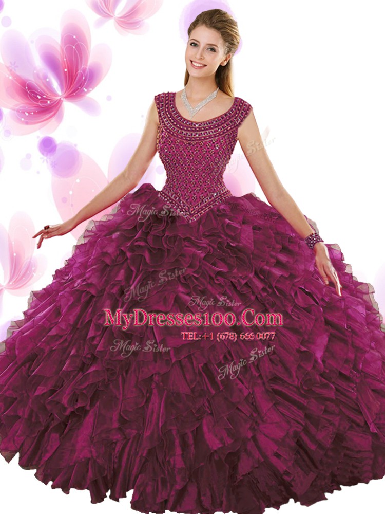 Scoop Fuchsia Ball Gowns Beading and Ruffles 15th Birthday Dress Zipper Organza Sleeveless Floor Length
