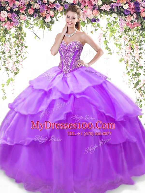 Lavender Sleeveless Beading and Ruffled Layers Floor Length Quinceanera Dress