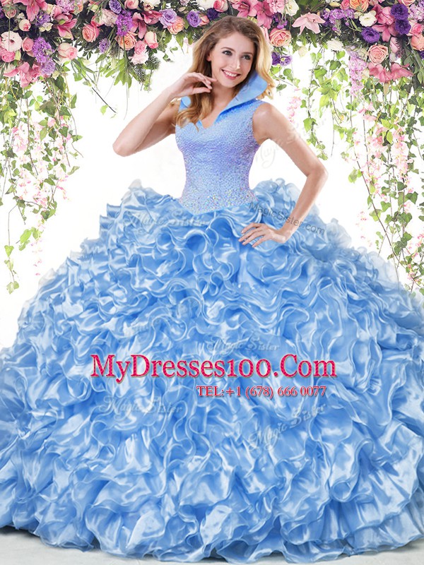 Cute Sleeveless Floor Length Beading and Ruffles Backless Sweet 16 Dress with Blue