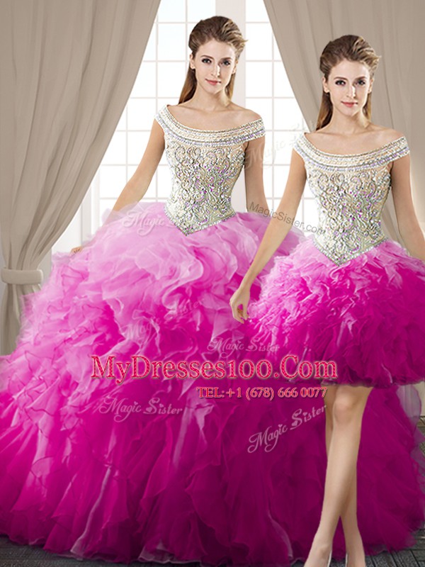 Three Piece Fuchsia Ball Gowns Off The Shoulder Sleeveless Organza Floor Length Lace Up Beading and Ruffles Ball Gown Prom Dress