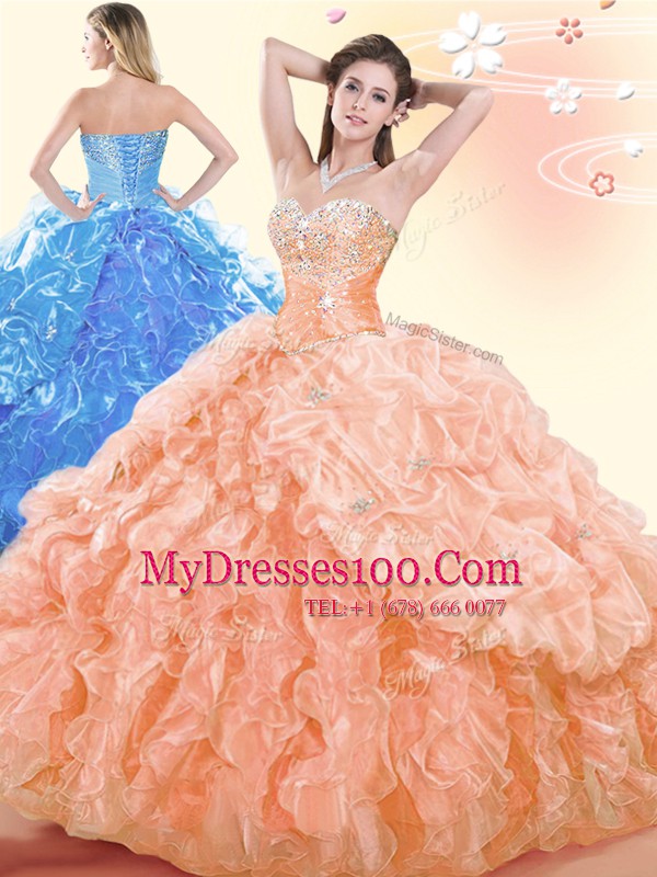 Noble Orange Sweetheart Lace Up Beading and Ruffles and Pick Ups 15 Quinceanera Dress Sleeveless