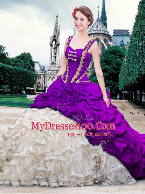 Straps Sleeveless With Train Beading and Ruffles and Pick Ups Lace Up Ball Gown Prom Dress with White And Purple Brush Train
