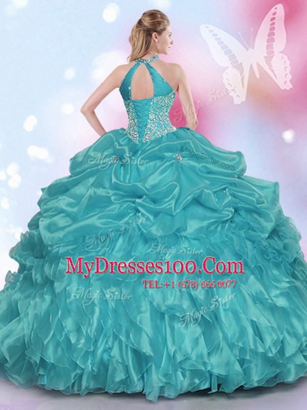 Suitable Halter Top Floor Length Teal Sweet 16 Dress Organza and Taffeta Sleeveless Appliques and Ruffles and Pick Ups