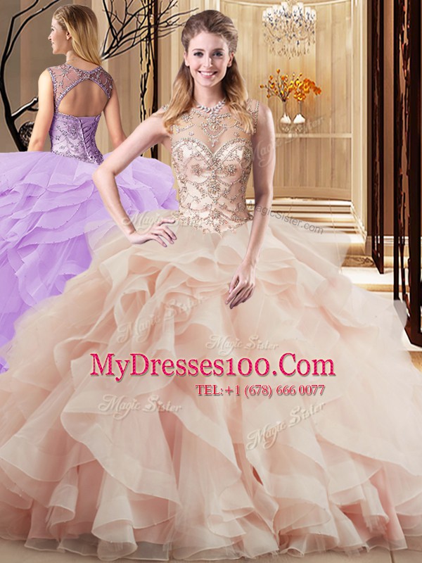 Peach Scoop Lace Up Beading and Ruffles Sweet 16 Quinceanera Dress Brush Train Sleeveless