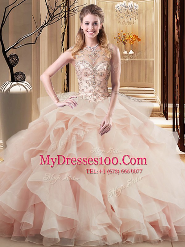 Peach Scoop Lace Up Beading and Ruffles Sweet 16 Quinceanera Dress Brush Train Sleeveless