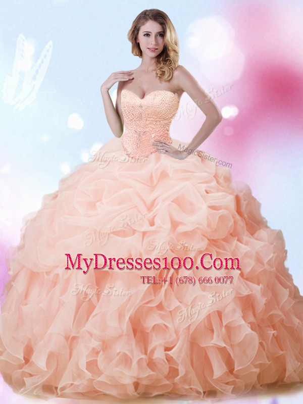Peach Sleeveless With Train Beading and Ruffles and Pick Ups Lace Up Quinceanera Dress