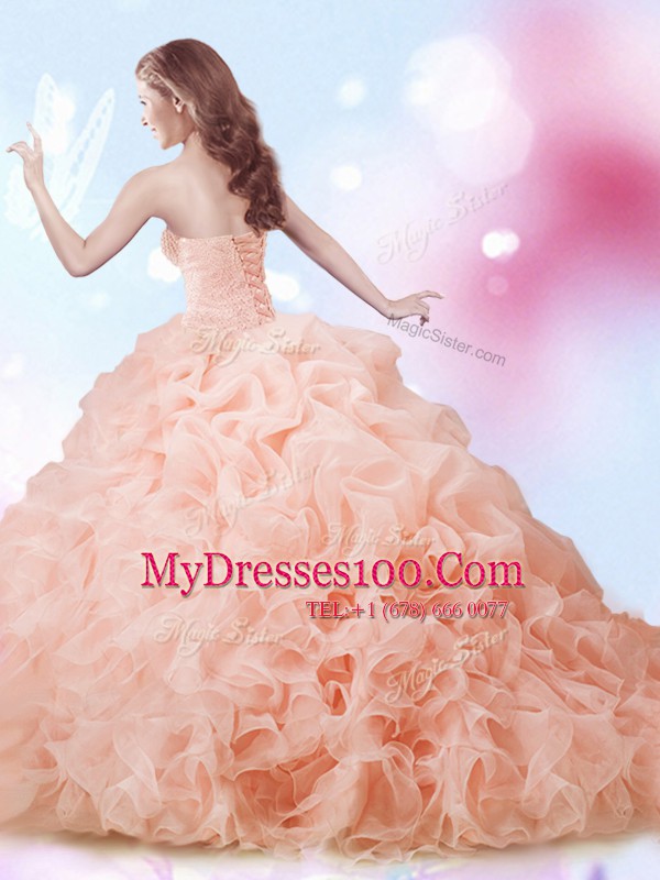 Peach Sleeveless With Train Beading and Ruffles and Pick Ups Lace Up Quinceanera Dress