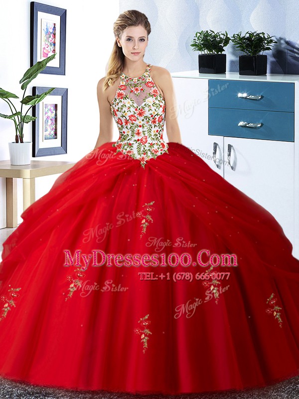 Stunning Halter Top Red Sleeveless Floor Length Embroidery and Pick Ups Lace Up Sweet 16 Quinceanera Dress