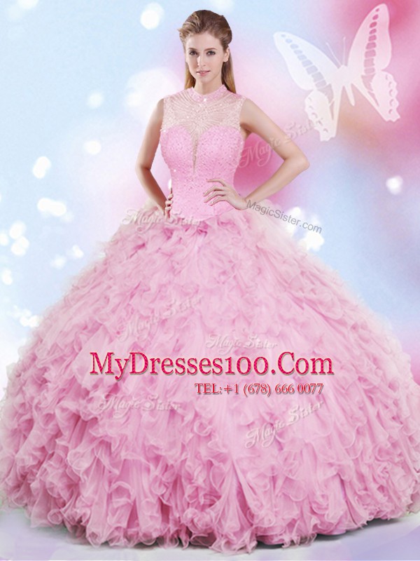 Suitable Rose Pink Lace Up Halter Top Beading and Ruffles Ball Gown Prom Dress Tulle Sleeveless