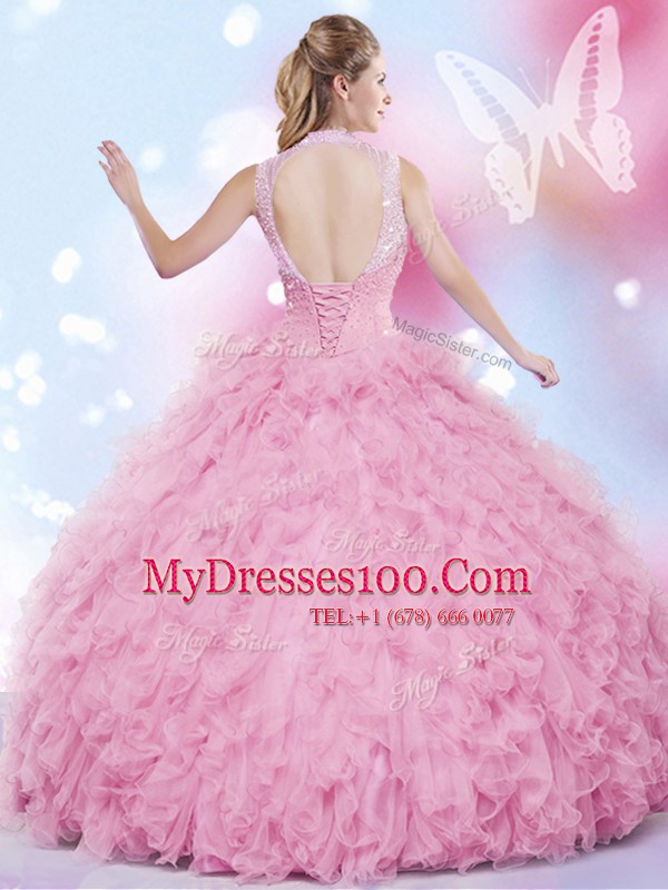 Suitable Rose Pink Lace Up Halter Top Beading and Ruffles Ball Gown Prom Dress Tulle Sleeveless