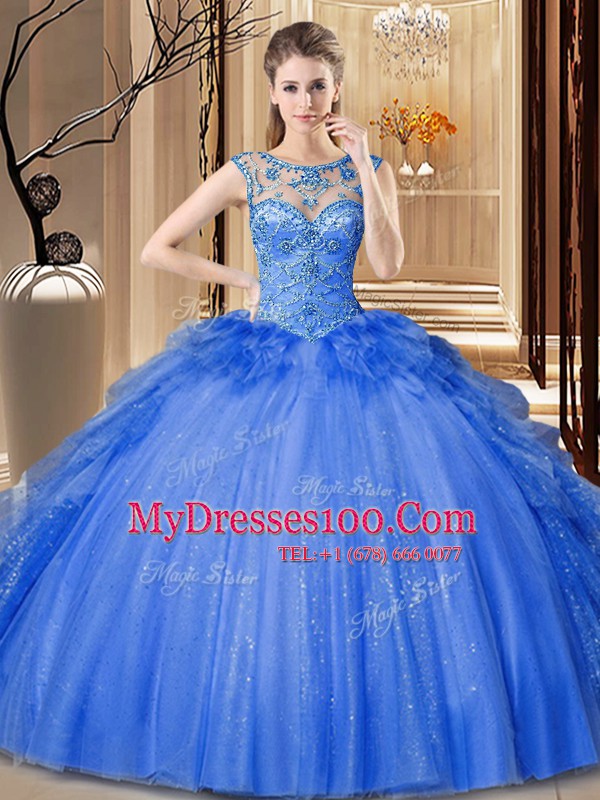Sweet Floor Length Blue Vestidos de Quinceanera Scoop Sleeveless Lace Up