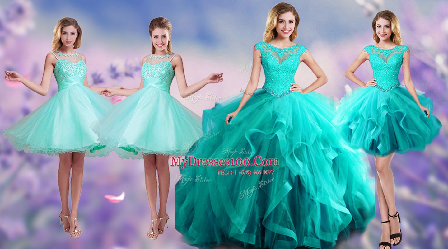 Designer Scoop Tulle Sleeveless Floor Length Sweet 16 Dresses and Beading and Appliques and Ruffles