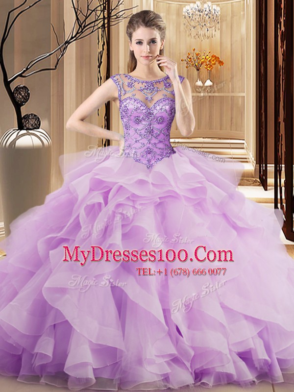 Scoop Sleeveless Brush Train Beading and Ruffles Lace Up Sweet 16 Quinceanera Dress