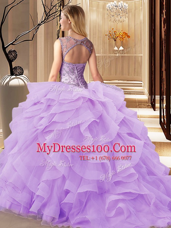 Scoop Sleeveless Brush Train Beading and Ruffles Lace Up Sweet 16 Quinceanera Dress