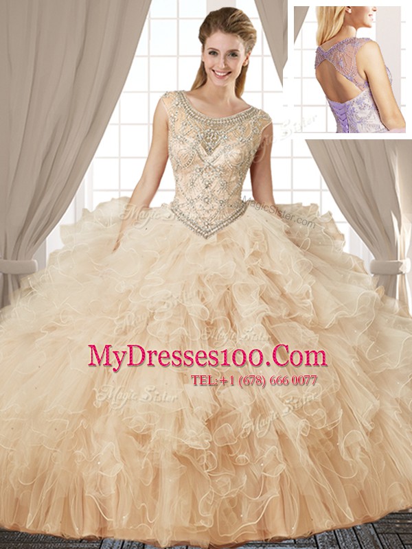 Custom Made Scoop Champagne Sleeveless Beading and Ruffles Floor Length Quinceanera Gown