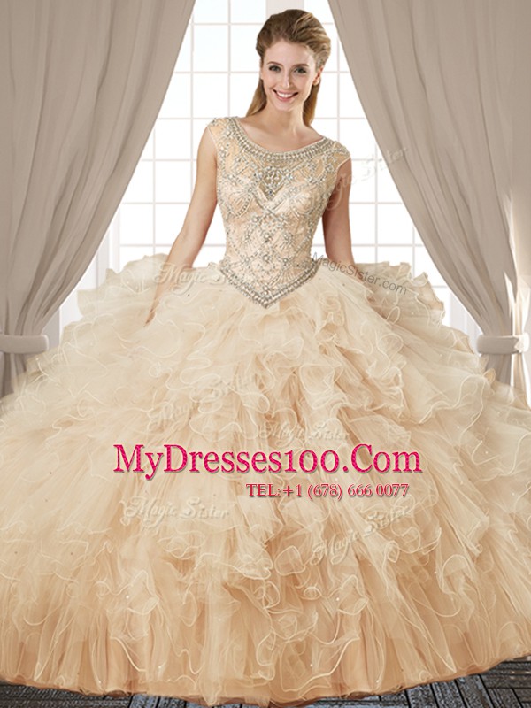 Custom Made Scoop Champagne Sleeveless Beading and Ruffles Floor Length Quinceanera Gown
