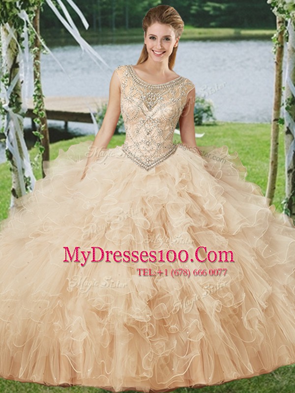 Custom Made Scoop Champagne Sleeveless Beading and Ruffles Floor Length Quinceanera Gown