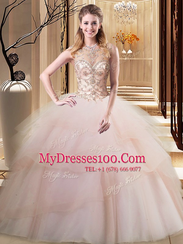 New Arrival Scoop Sleeveless Brush Train Lace Up Beading and Ruffled Layers Sweet 16 Quinceanera Dress