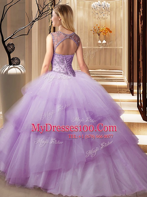 New Arrival Scoop Sleeveless Brush Train Lace Up Beading and Ruffled Layers Sweet 16 Quinceanera Dress