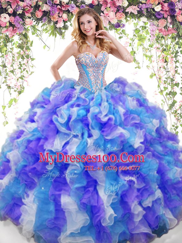 Noble Multi-color Sleeveless Floor Length Beading and Ruffles Lace Up 15 Quinceanera Dress