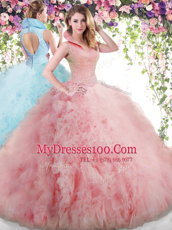 Popular Backless Tulle Sleeveless Floor Length Quince Ball Gowns and Beading and Ruffles
