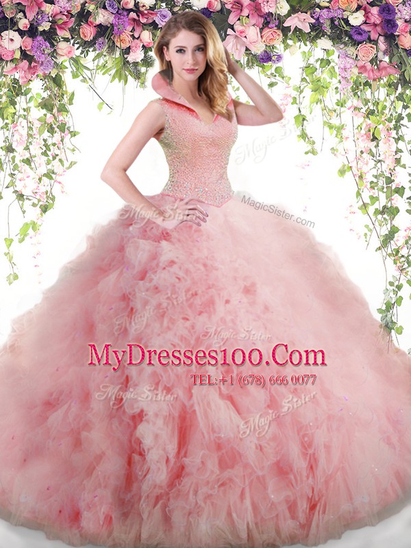 Popular Backless Tulle Sleeveless Floor Length Quince Ball Gowns and Beading and Ruffles