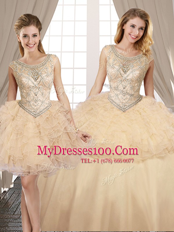 Top Selling Three Piece Scoop Champagne Sleeveless Organza and Tulle Lace Up Quinceanera Gowns for Military Ball and Sweet 16 and Quinceanera