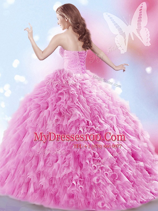 Modest Beading and Ruffles Ball Gown Prom Dress Rose Pink Lace Up Sleeveless Brush Train