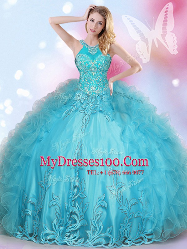 Halter Top Sleeveless Lace Up Sweet 16 Quinceanera Dress Aqua Blue Tulle
