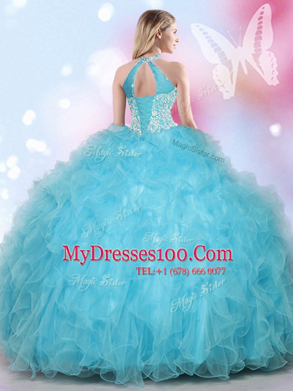 Halter Top Sleeveless Lace Up Sweet 16 Quinceanera Dress Aqua Blue Tulle