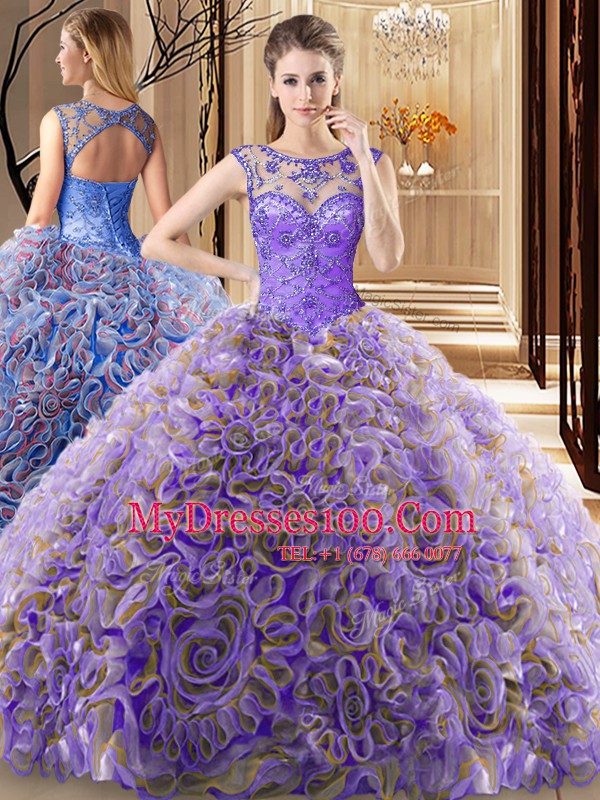 Latest Multi-color Ball Gowns Scoop Sleeveless Fabric With Rolling Flowers Brush Train Lace Up Beading Ball Gown Prom Dress