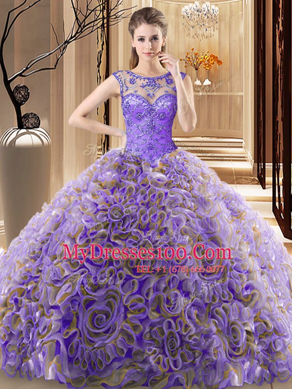 Latest Multi-color Ball Gowns Scoop Sleeveless Fabric With Rolling Flowers Brush Train Lace Up Beading Ball Gown Prom Dress