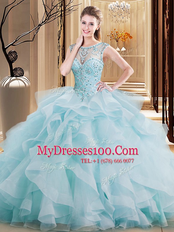 New Arrival Scoop Sleeveless Tulle Brush Train Lace Up Sweet 16 Quinceanera Dress in Light Blue with Beading and Ruffles
