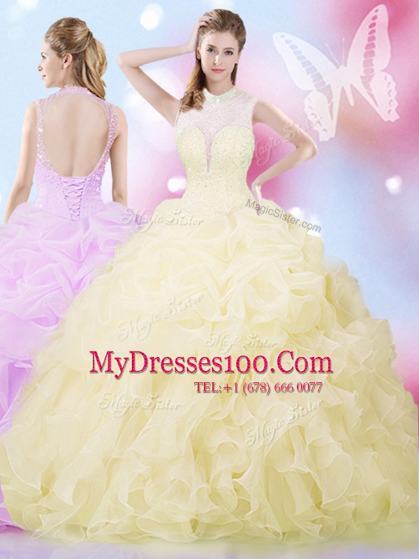 Customized Sleeveless Beading and Ruffles and Pick Ups Lace Up Sweet 16 Quinceanera Dress