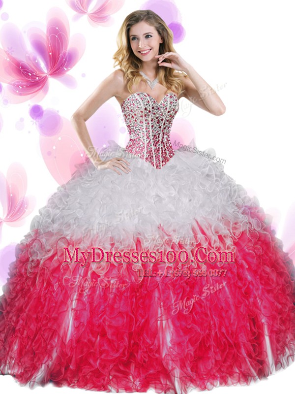 Elegant Sleeveless Organza Floor Length Lace Up Quince Ball Gowns in Blue And White with Beading and Ruffles