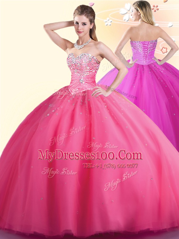 Hot Selling Hot Pink Sweetheart Neckline Beading Sweet 16 Quinceanera Dress Sleeveless Lace Up