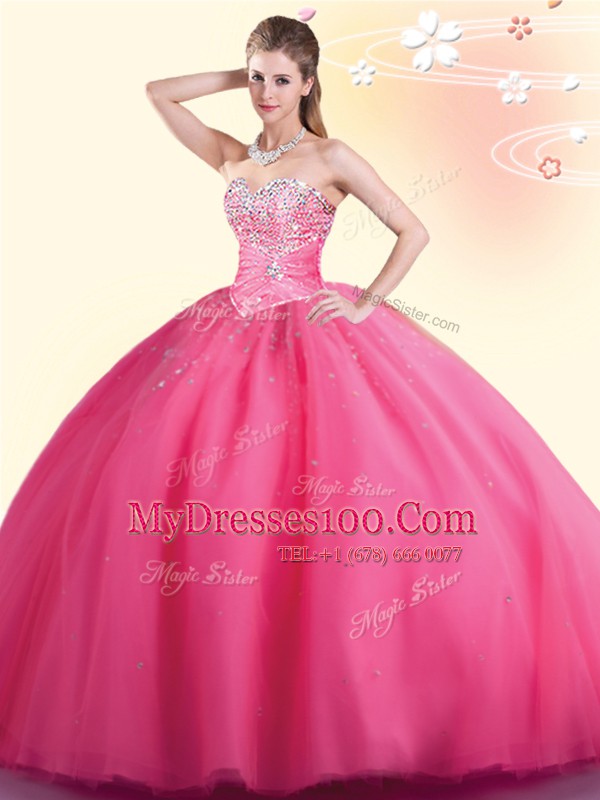 Hot Selling Hot Pink Sweetheart Neckline Beading Sweet 16 Quinceanera Dress Sleeveless Lace Up