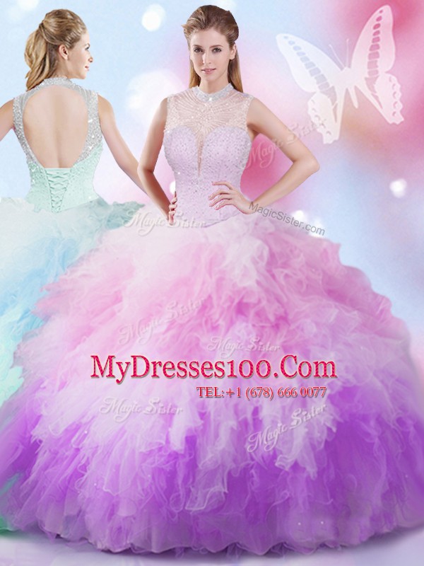 Sleeveless Floor Length Beading and Ruffles Lace Up Ball Gown Prom Dress with Multi-color