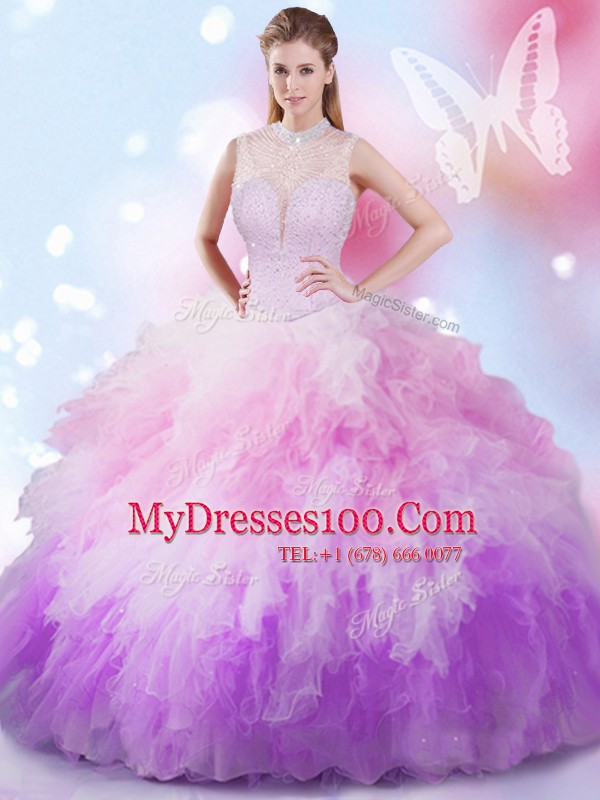 Sleeveless Floor Length Beading and Ruffles Lace Up Ball Gown Prom Dress with Multi-color
